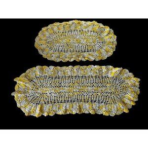 Handmade Crochet Table Runner Set Yellow & White Floral 34" & 23” Granny Core